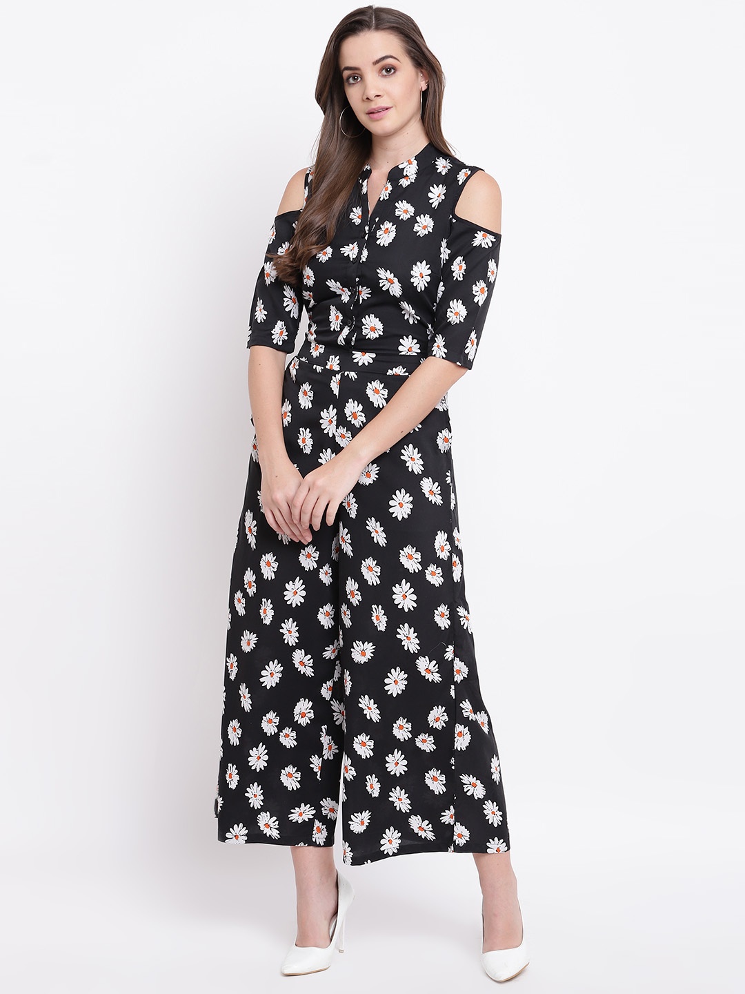 

Deewa Women Black & White Printed Cold-Shoulder Basic Jumpsuit