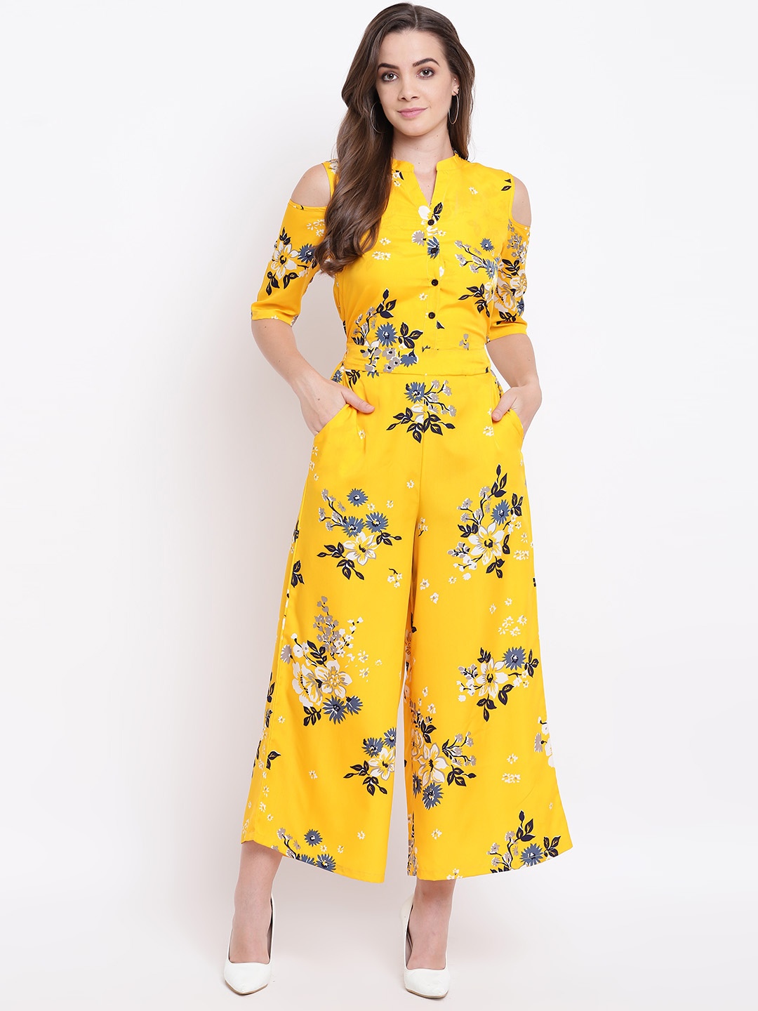 

Deewa Women Mustard Yellow & Blue Printed Cold-Shoulder Basic Jumpsuit