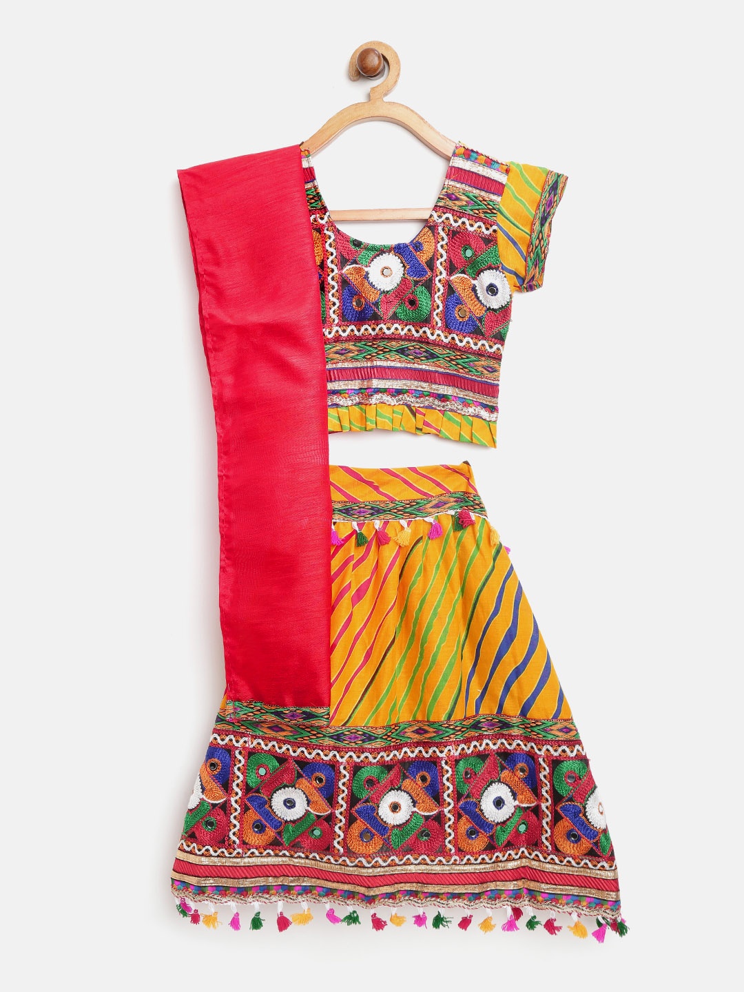 

BownBee Girls Mustard Yellow & Red Embroidered Ready to Wear Chaniya Choli