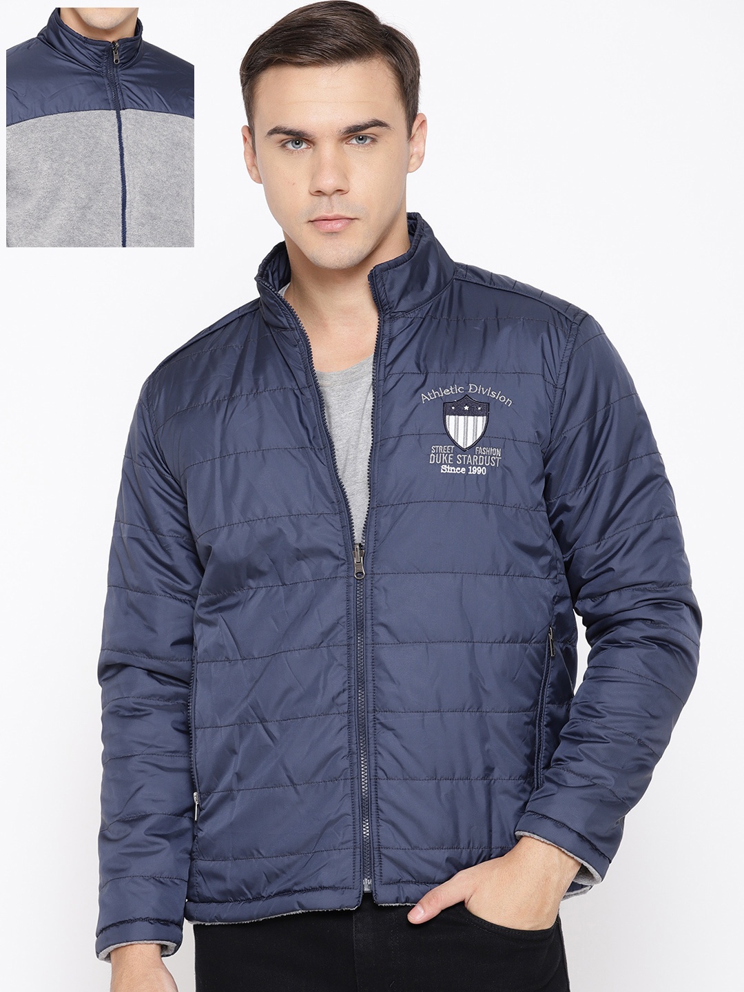 

Duke Men Blue & Grey Solid Reversible Padded Jacket