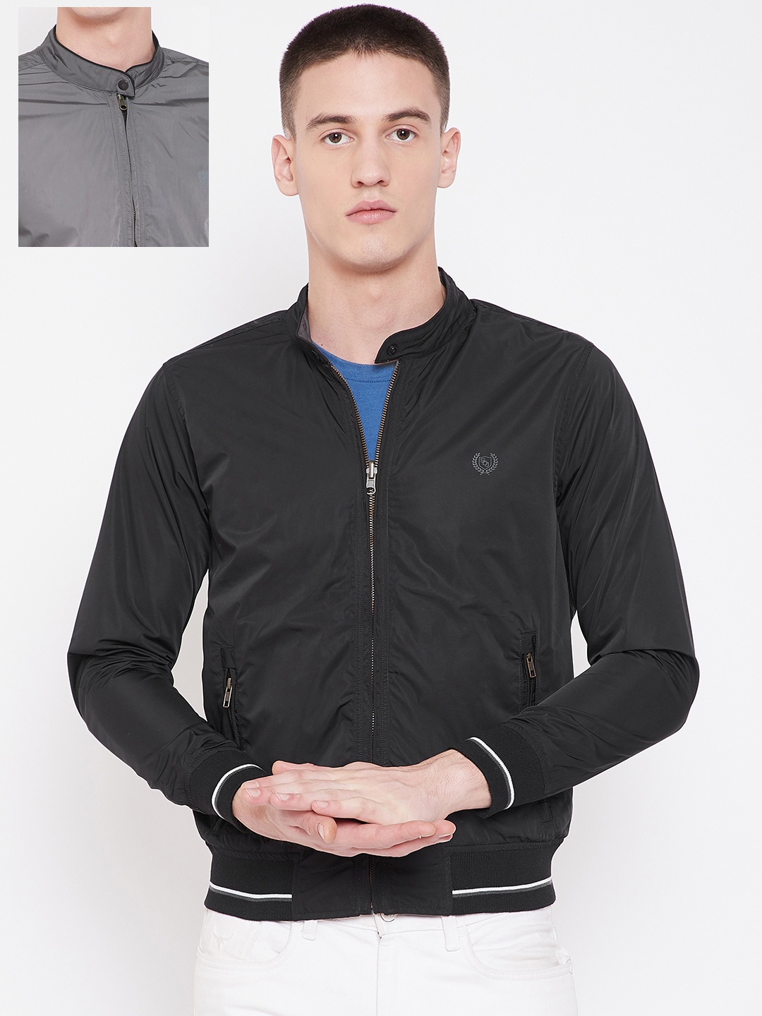 

Duke Men Black & Grey Solid Reversible Bomber Jacket