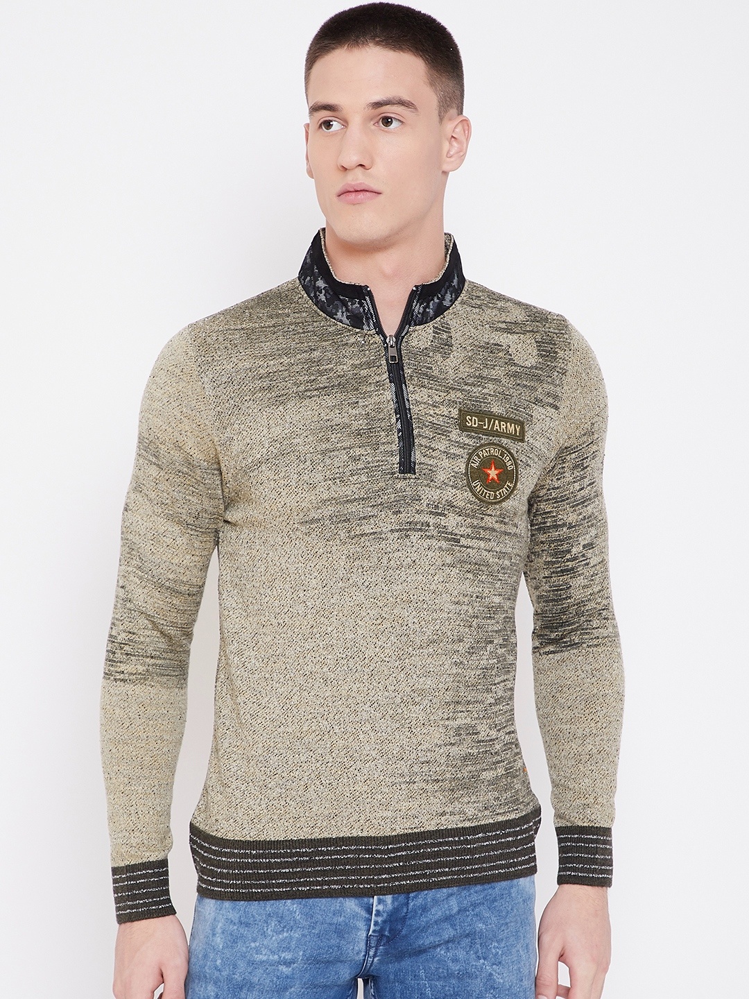 

Duke Men Beige & Olive Green Self Design Acrylic Sweater