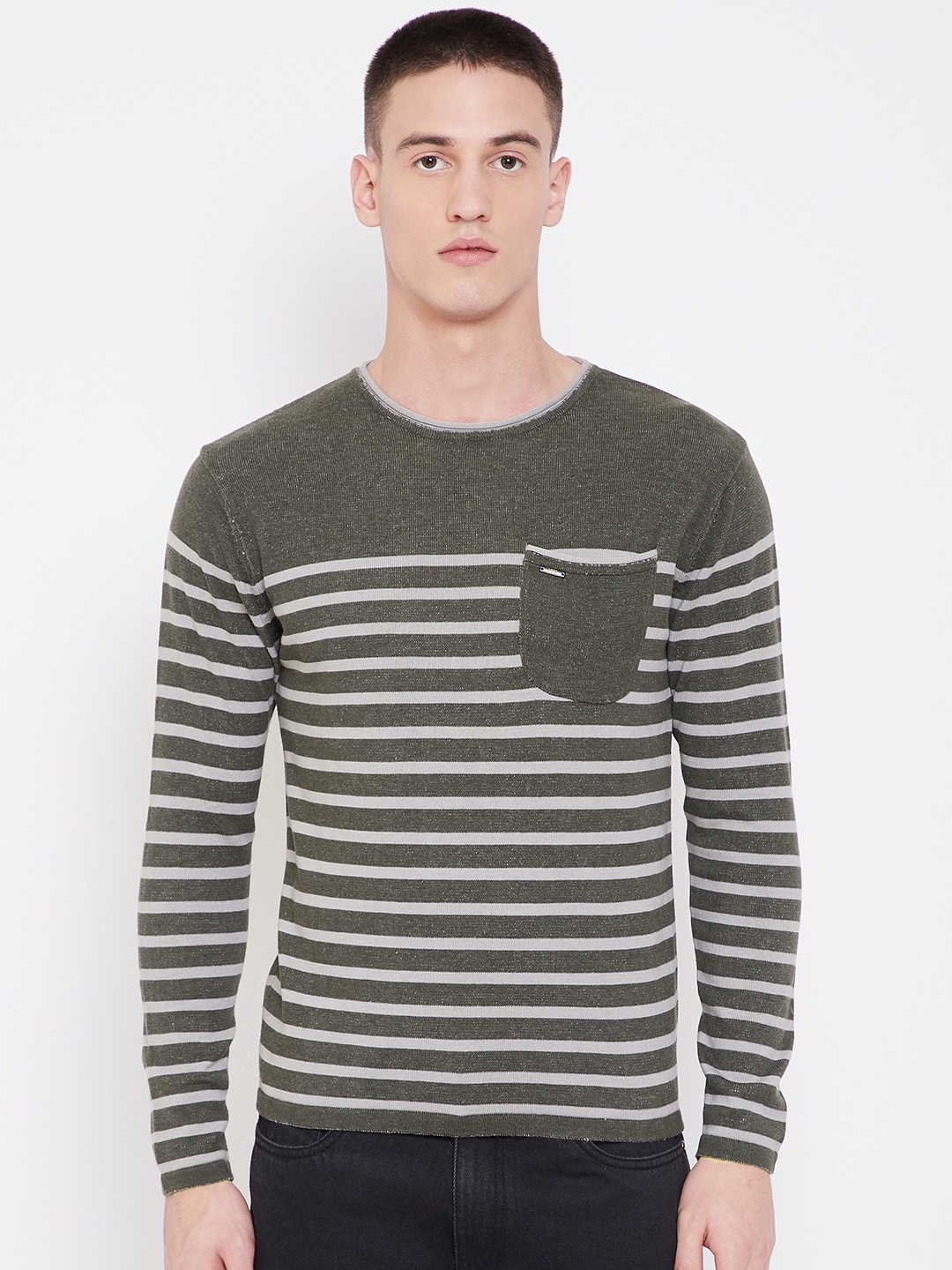 

Duke Men Olive Green & Grey Striped Sweater