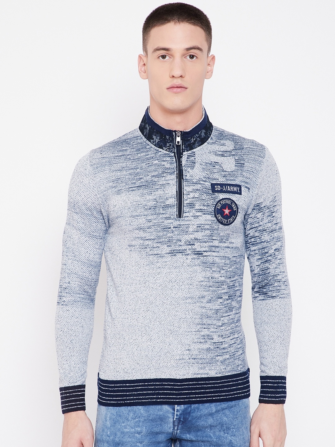 

Duke Men Off-White & Navy Blue Printed Sweater