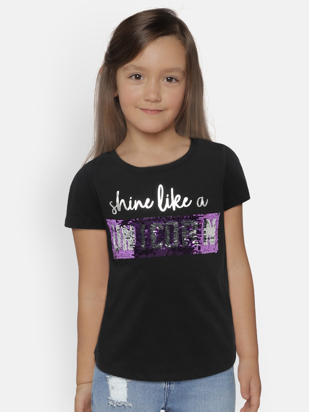 

OSHKOSH Bgosh Girls Black Embellished Pure Cotton Top with Flippy Sequins