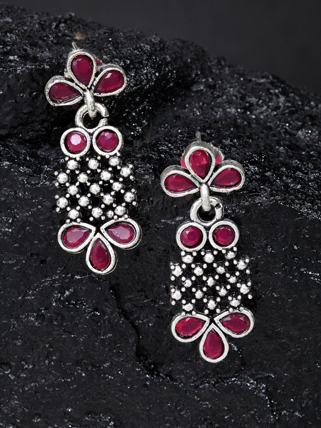 

PANASH Women Oxidised Silver-Plated Red Contemporary Drop Earrings