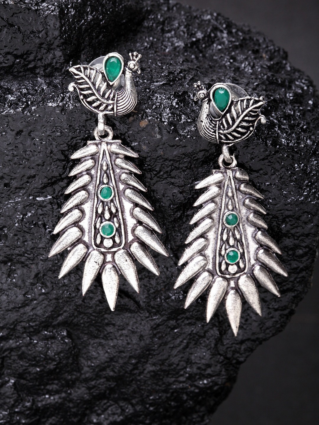 

PANASH Silver-Toned & Green Peacock Shaped Drop Earrings