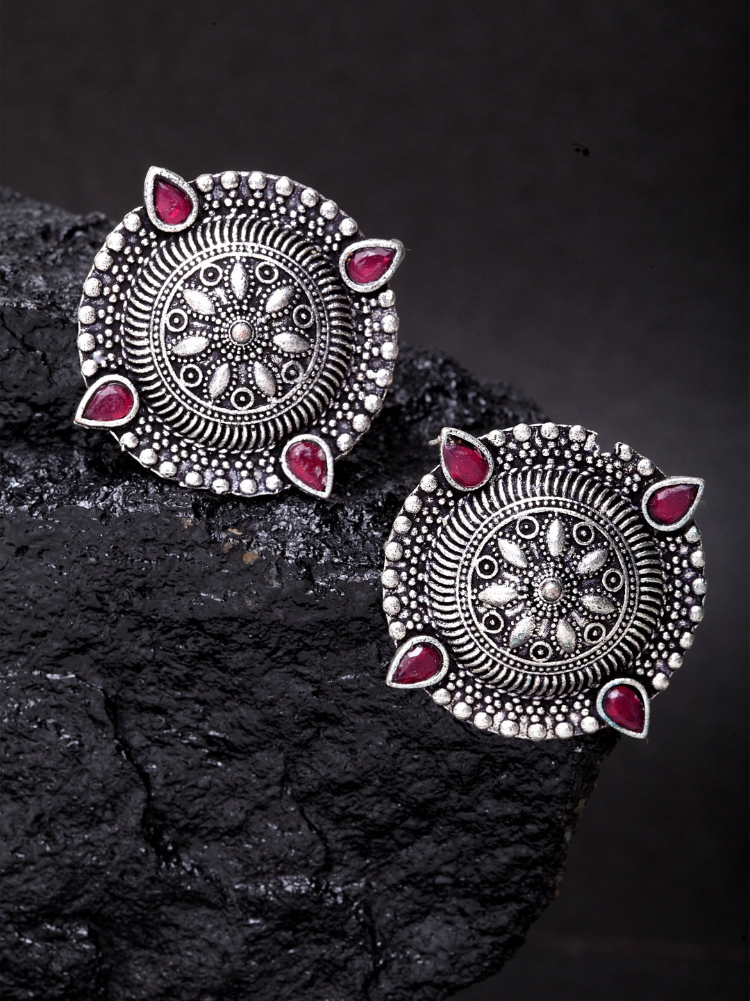 

PANASH Silver-Toned & Red Floral Studs