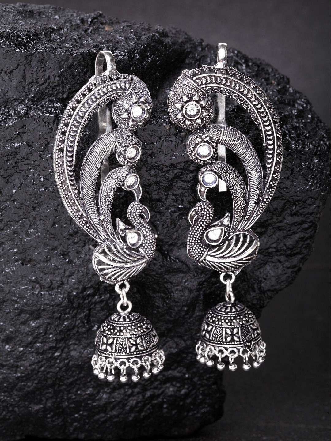 

PANASH Silver-Plated Oxidized Peacock Shaped Jhumkas