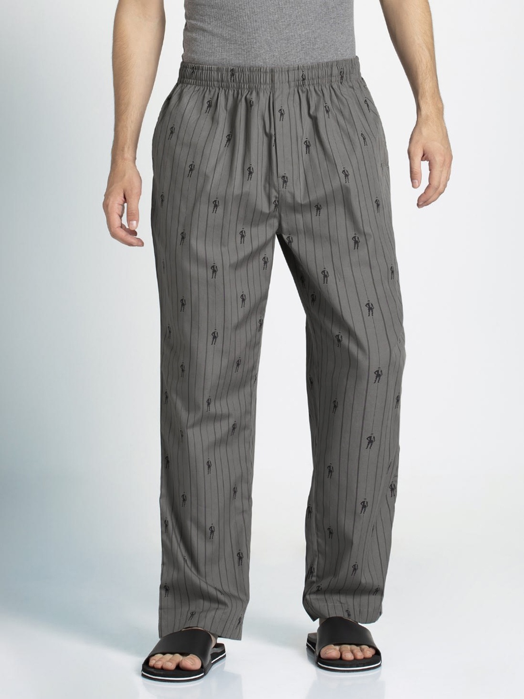 

Jockey Men Grey & Black Regular Fit Striped Lounge Pants With Printed Detailing