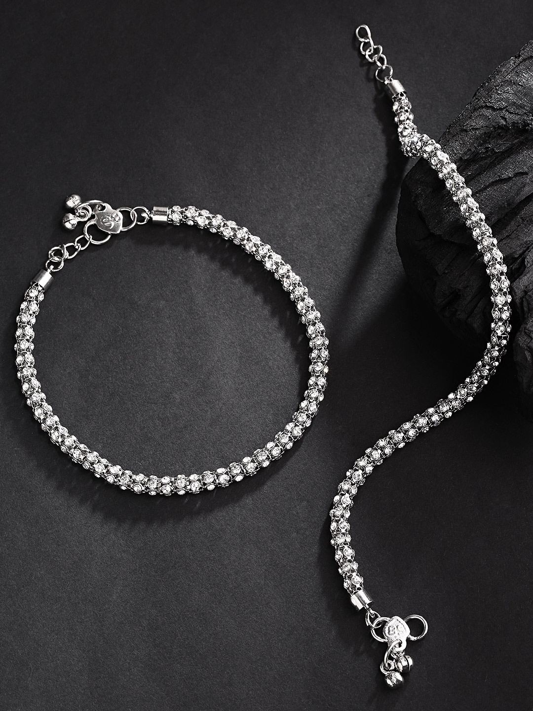 

Priyaasi Set of 2 Oxidized Silver-Plated AD Stone Studded Handcrafted Anklets