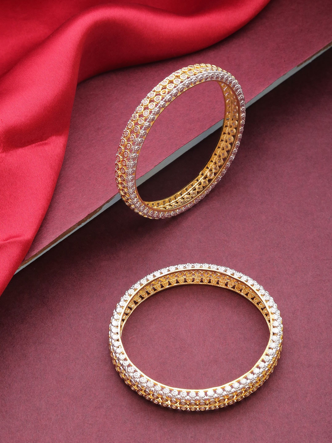 

Priyaasi Set of 2 Silver-Toned Gold-Plated AD Studded Handcrafted Bangles