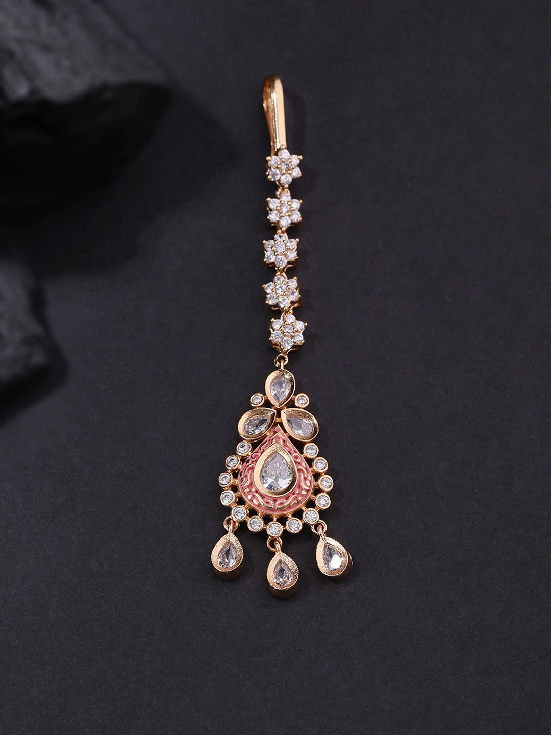 

Priyaasi Pink Gold-Plated AD & Kundan Teardrop Shaped Enamelled Handcrafted Maang Tika