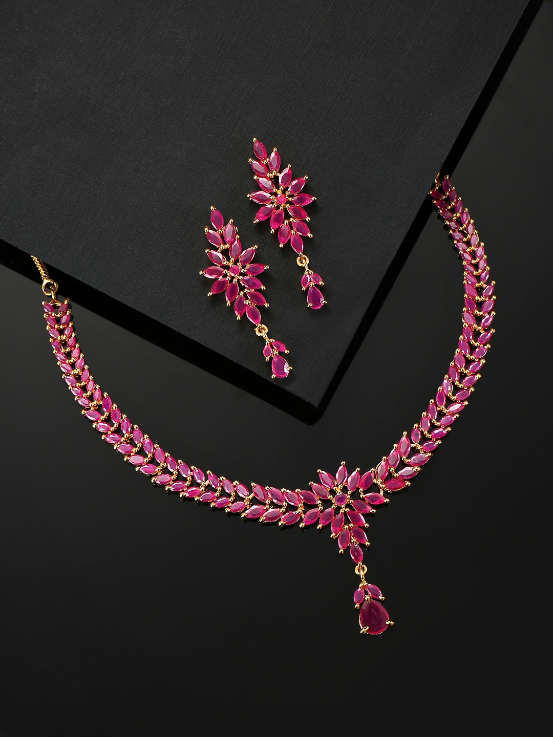 

Priyaasi Pink Gold-Plated AD-Studded Handcrafted Leaf Shaped Jewellery Set