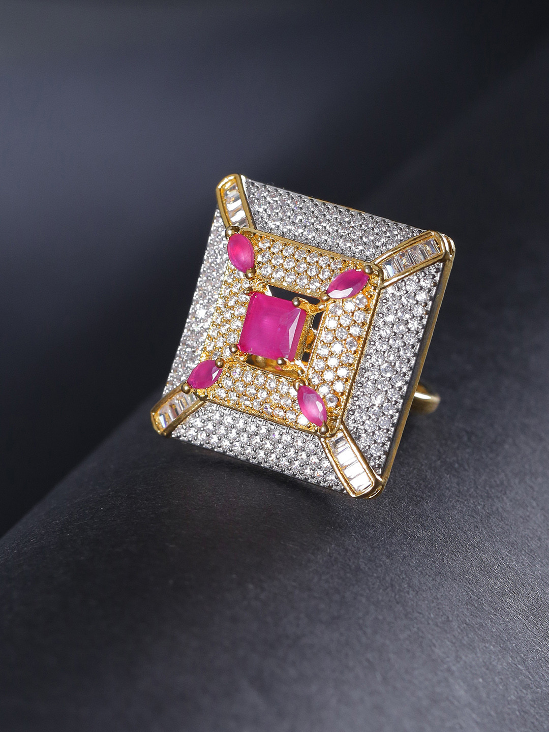 

Priyaasi Pink Gold Plated AD Studded Square Handcrafted Adjustable Finger Ring