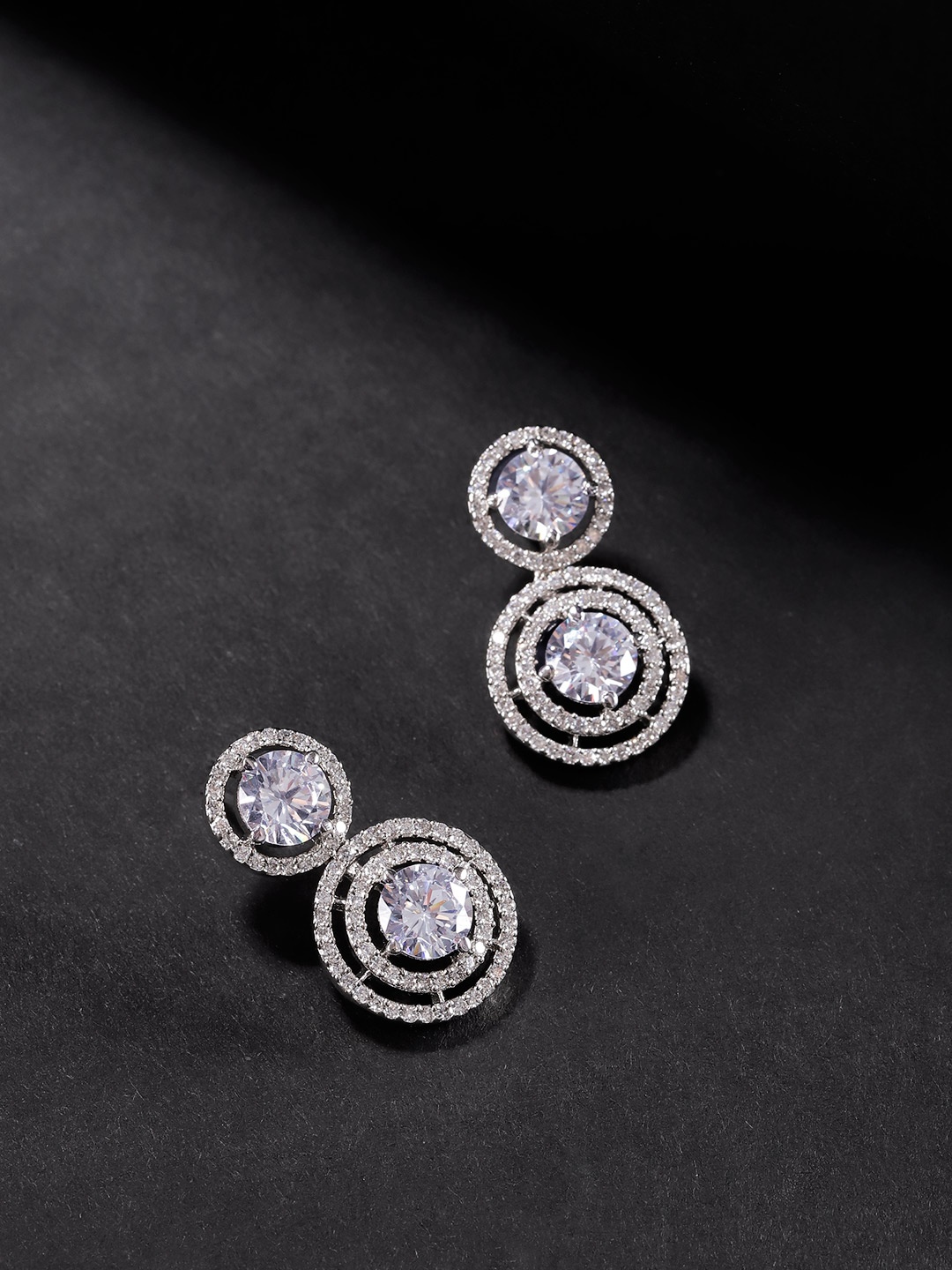 

Priyaasi Silver-Toned Rhodium-Plated AD-Studded Handcrafted Circular Drop Earrings