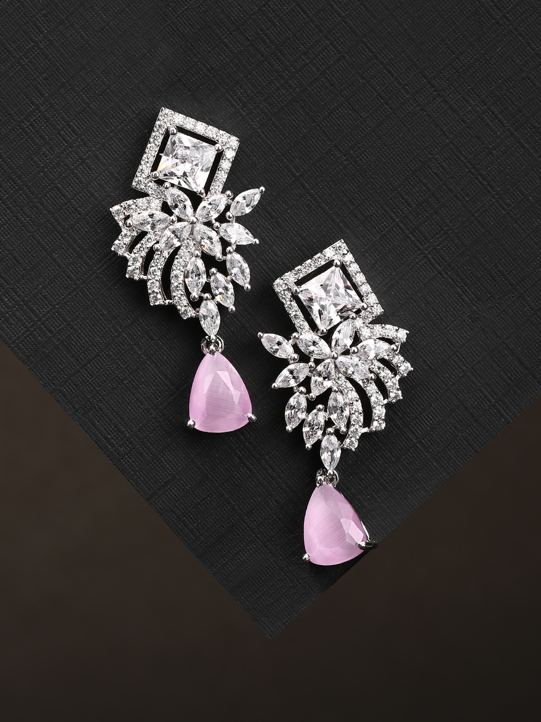 

Priyaasi Pink Silver-Plated AD-Studded Handcrafted Geometric Drop Earrings
