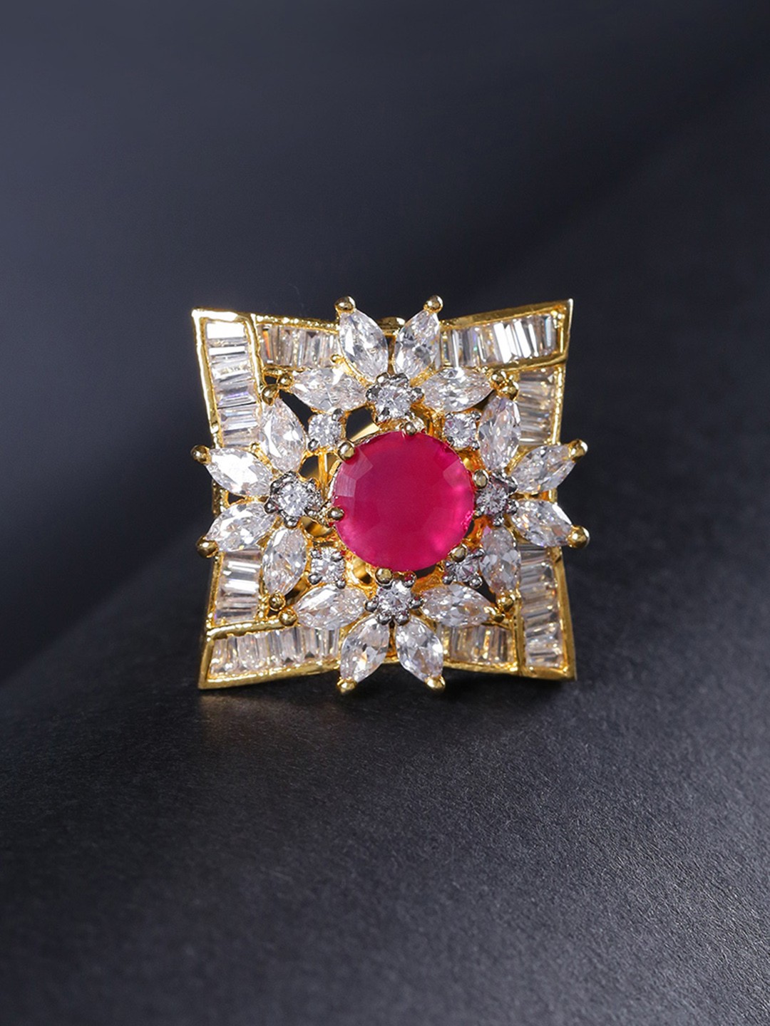 

Priyaasi Pink Gold-Plated AD Studded Geometric Handcrafted Adjustable Finger Ring