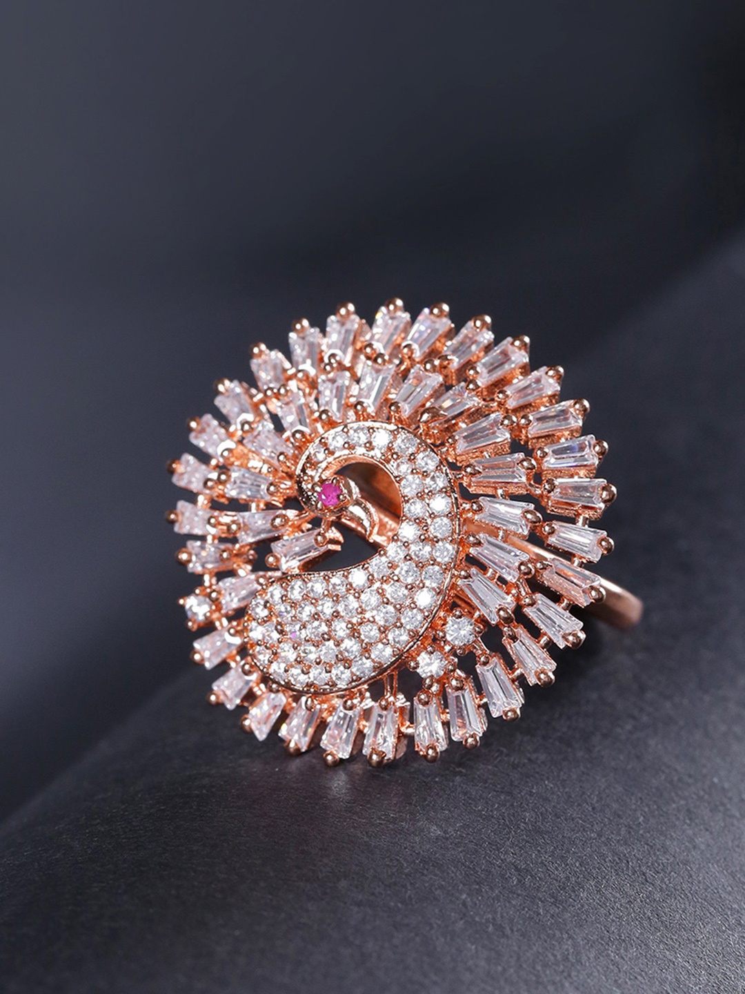 

Priyaasi Rose Gold-Plated AD Studded Peacock Shaped Handcrafted Adjustable Finger Ring