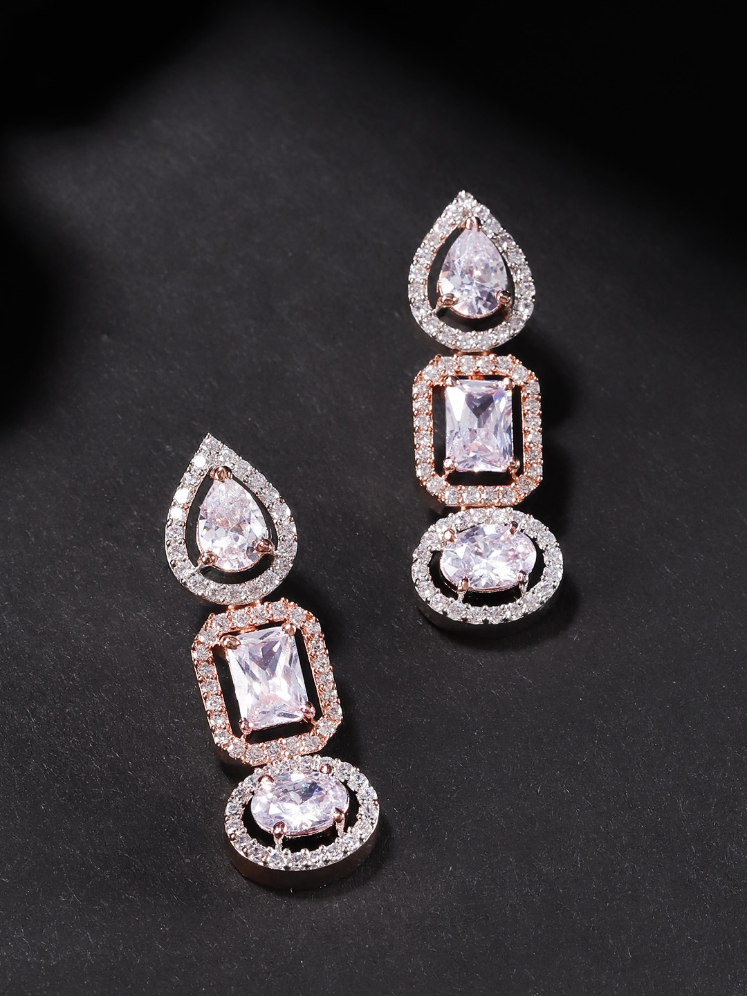 

Priyaasi Rose Gold-Plated AD-Studded Handcrafted Geometric Drop Earrings