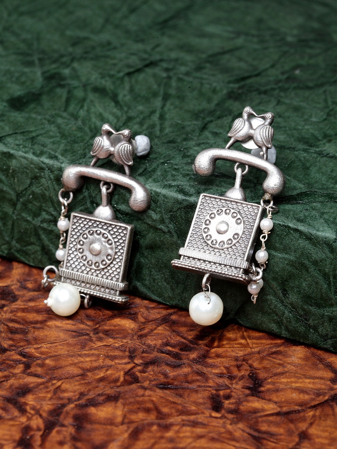 

PANASH Women Oxidized Silver-Plated Off-White Square Jhumkas