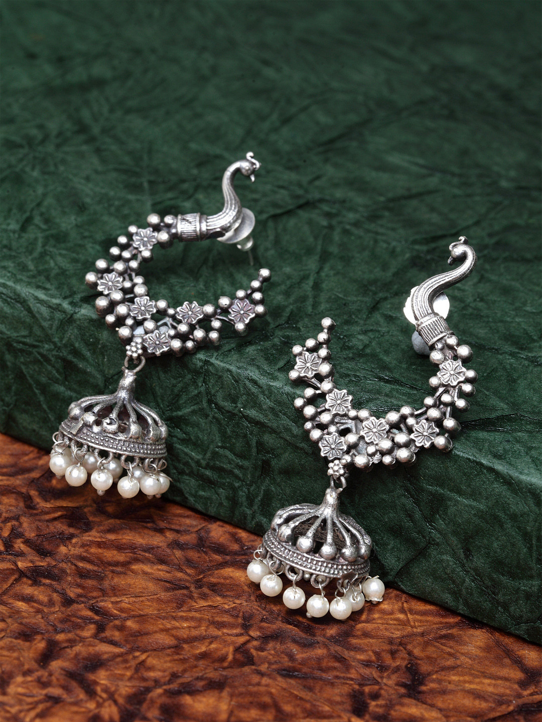 

PANASH Silver-Plated Oxidized Peacock Shaped Drop Earrings