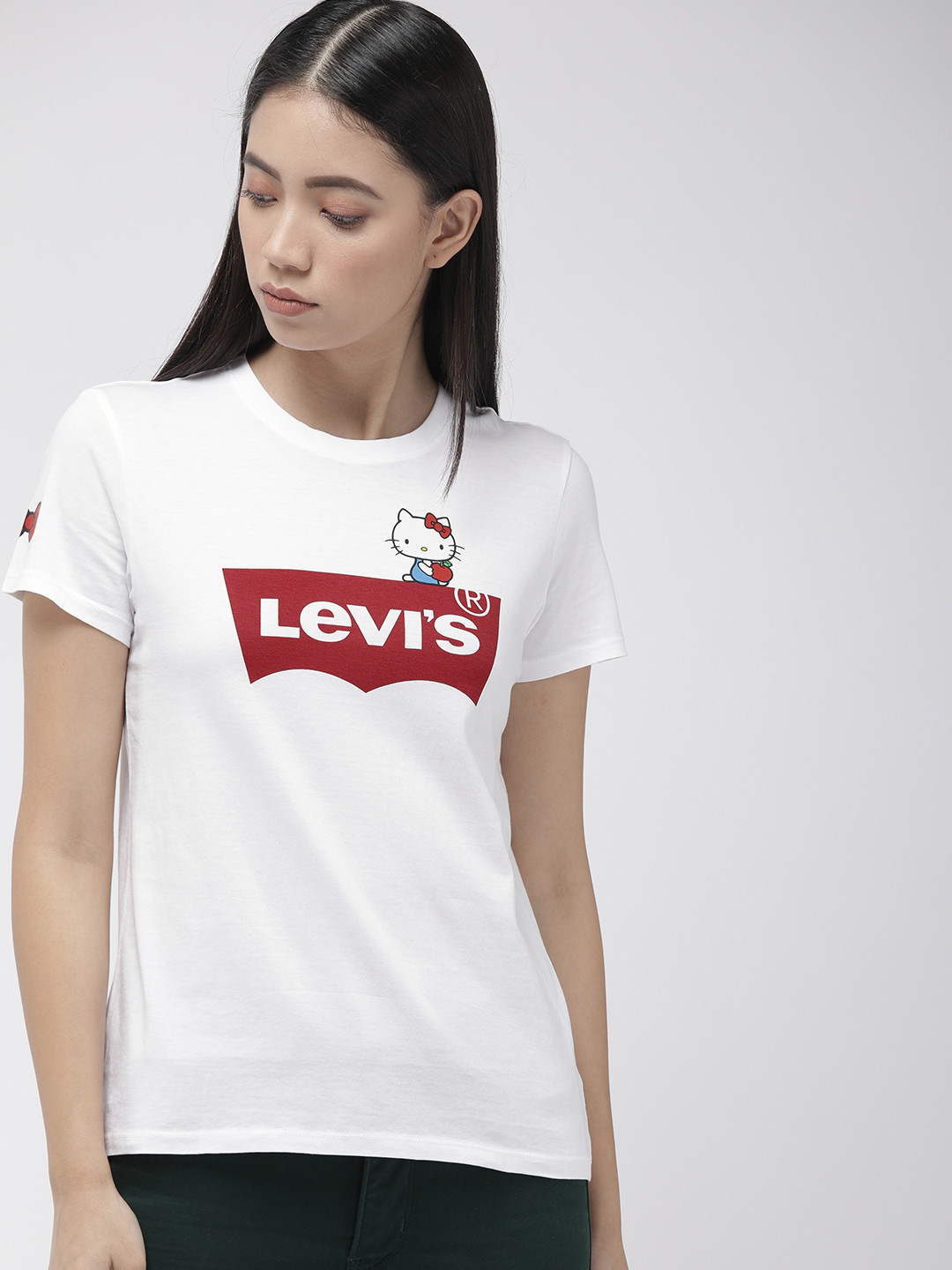 

Levis Hello Kitty Women White Printed Round Neck Pure Cotton T-shirt