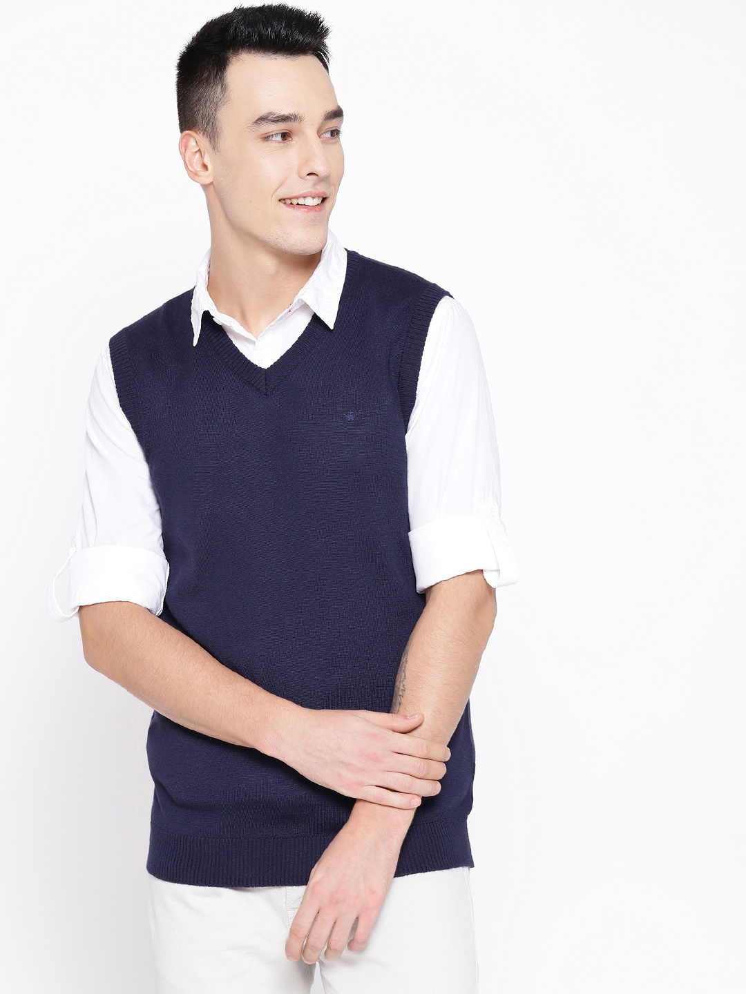 

Louis Philippe Men Navy Blue Solid Sweater Vest