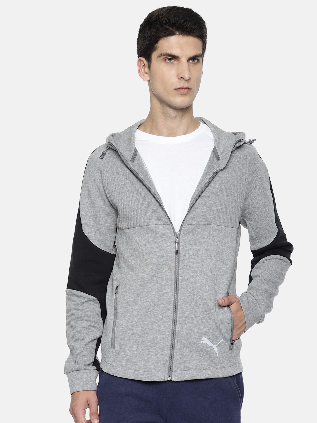 

Puma Men Grey Slim Fit Solid Evostripe FZ Hoody Sporty Track Jacket