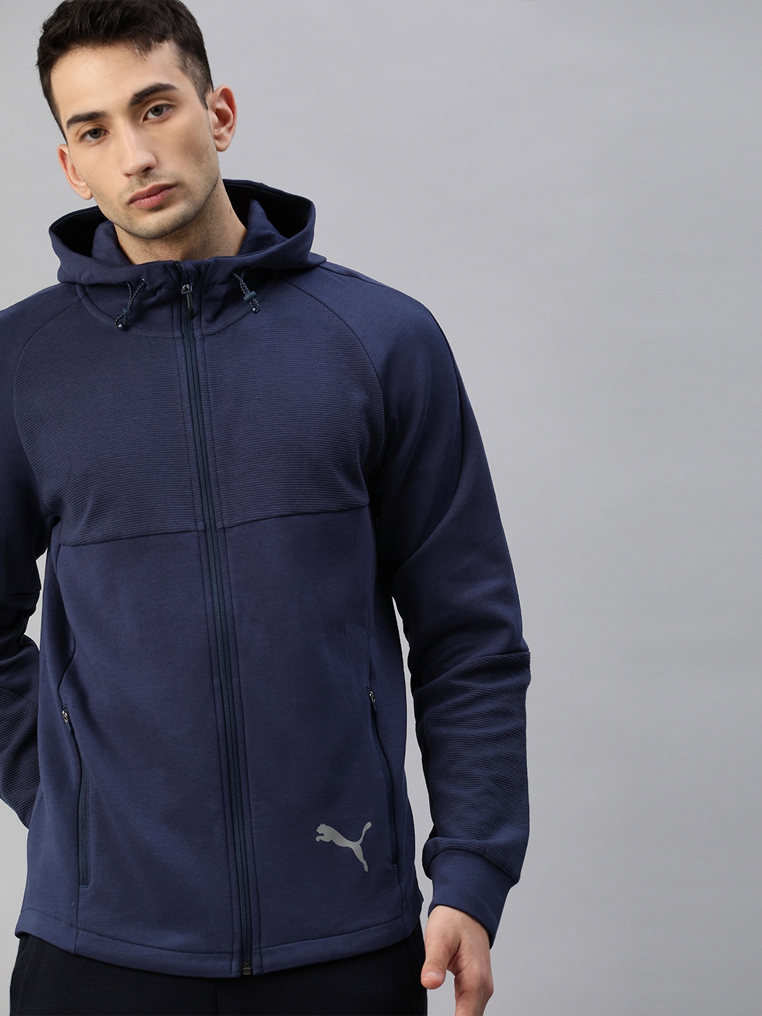 

Puma Men Navy Blue Slim Fit Solid dryCELL Evostripe FZ Hoody Track Sweatshirt