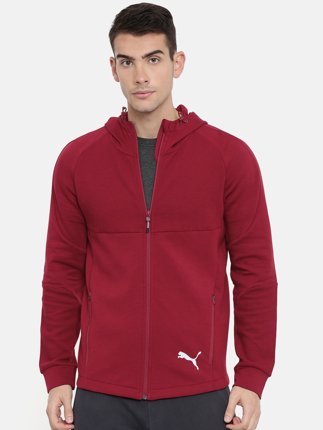 

Puma Men Maroon Solid Evostripe FZ DryCell Hooded Track Sweatshirt