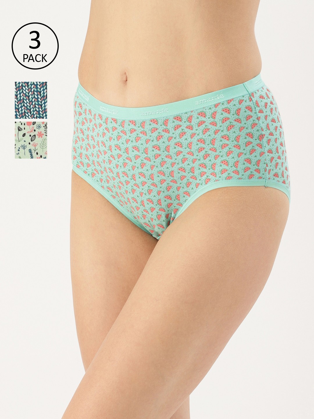 

Amante Women Pack of 3 Printed High Rise Full Briefs PPK53101, Sea green