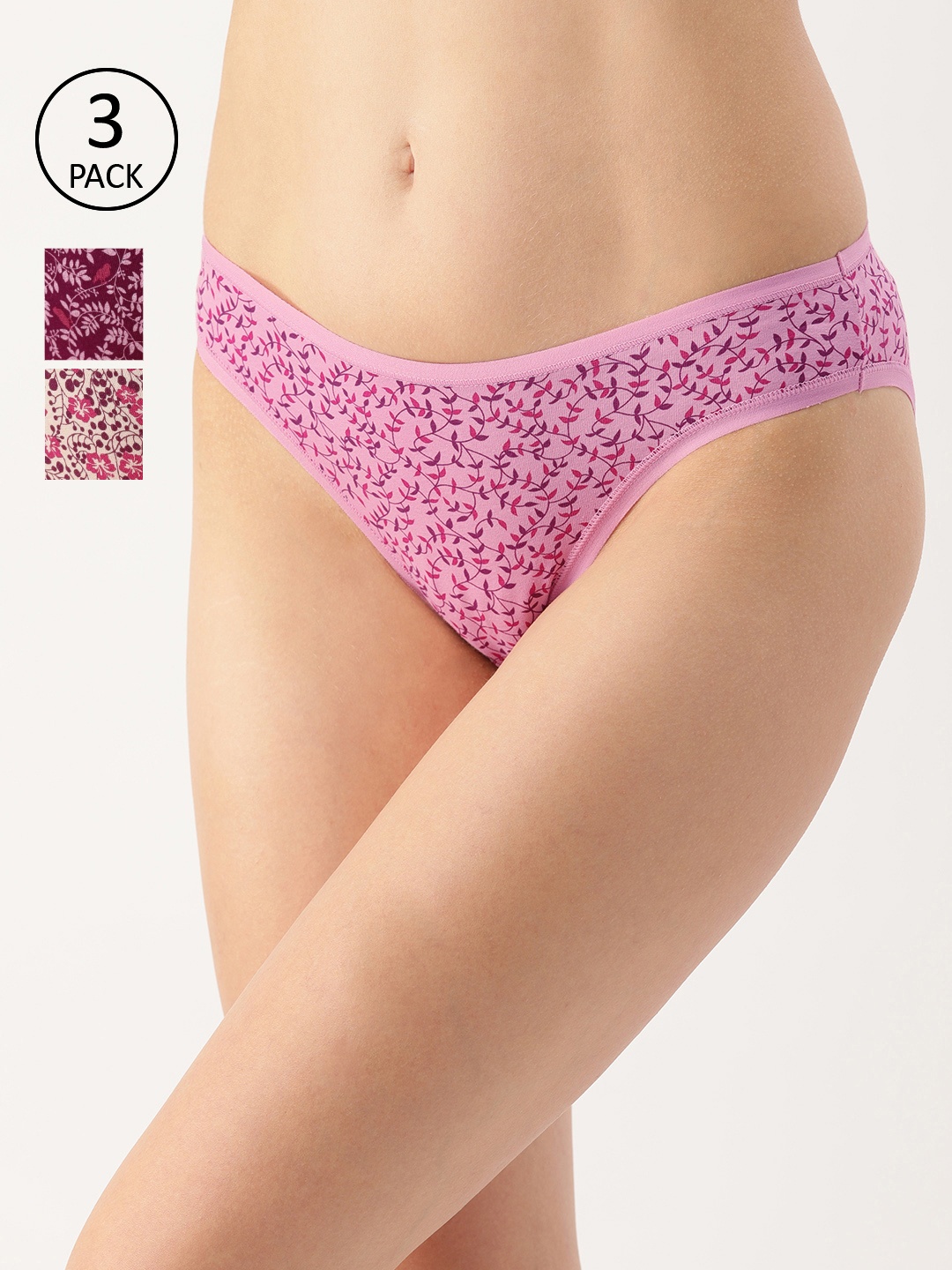 

Amante Women Pack of 3 Printed Low Rise Bikini Briefs PPK33102, Magenta