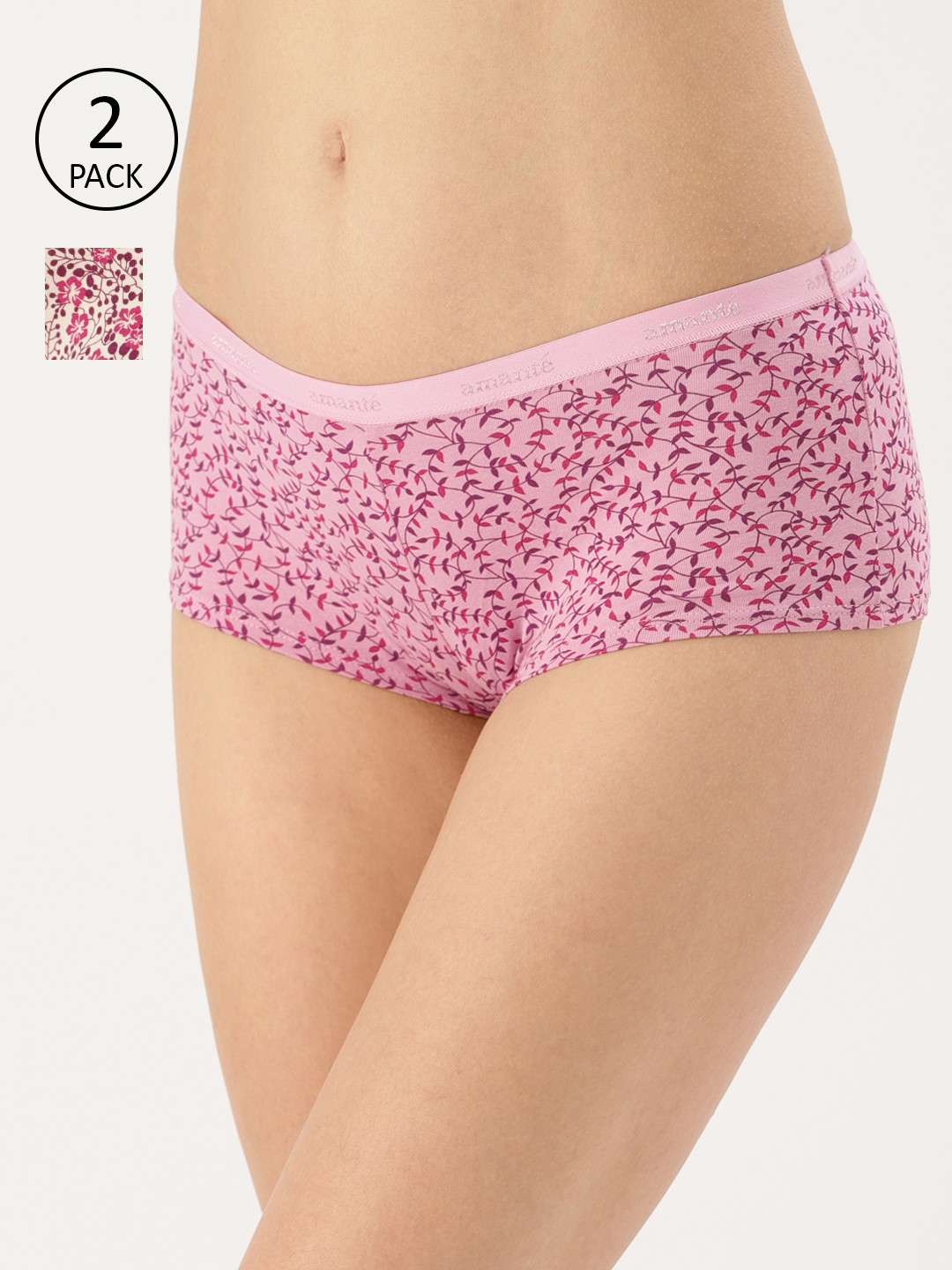 

Amante Women Pack of 2 Printed Low-Rise Boy Shorts PPK62101, Pink