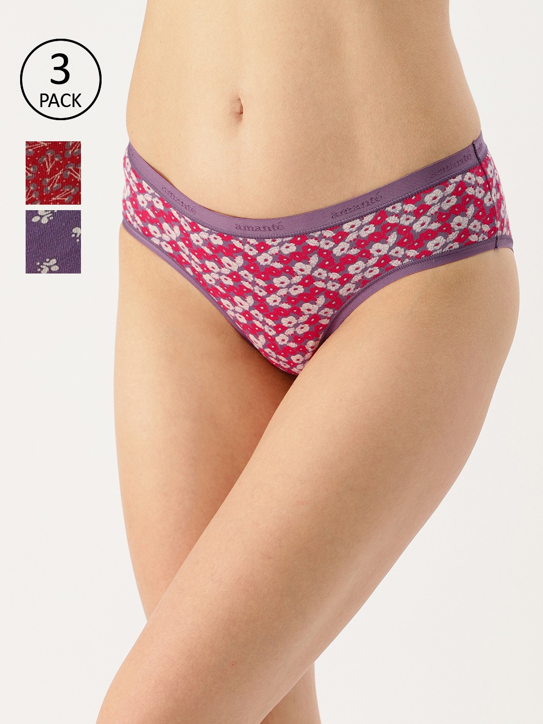 

Amante Women Pack of 3 Printed Hipster Briefs PPK43101, Red