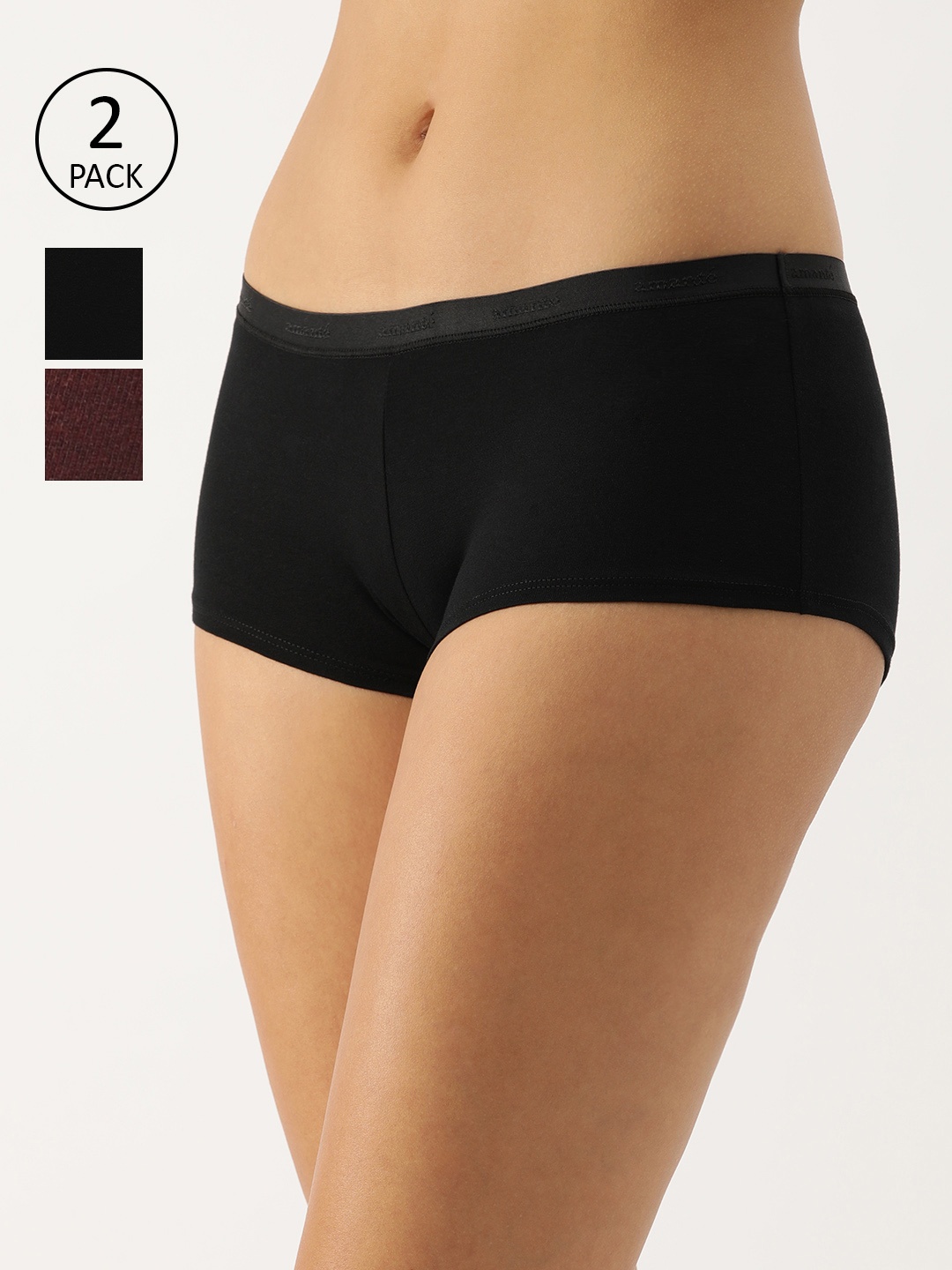

Amante Women Pack Of 2 Solid Low Rise Boy Shorts Briefs PPK62001, Black