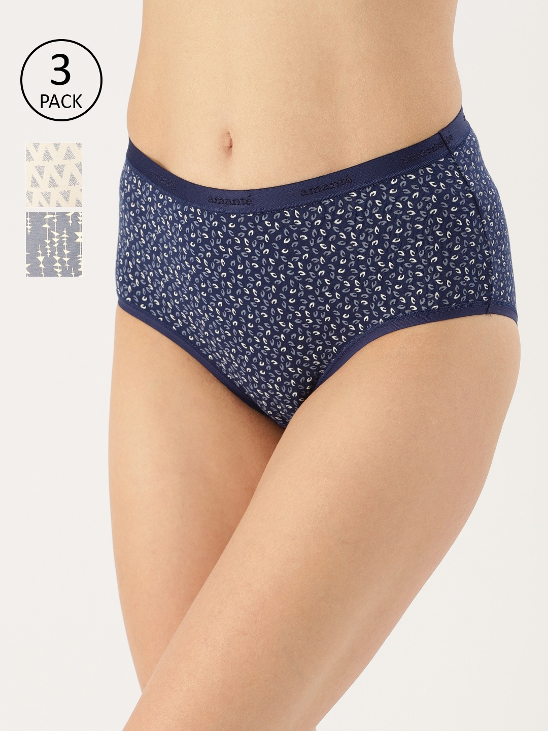 

Women Pack of 3 Printed High Rise Full Briefs, Navy blue
