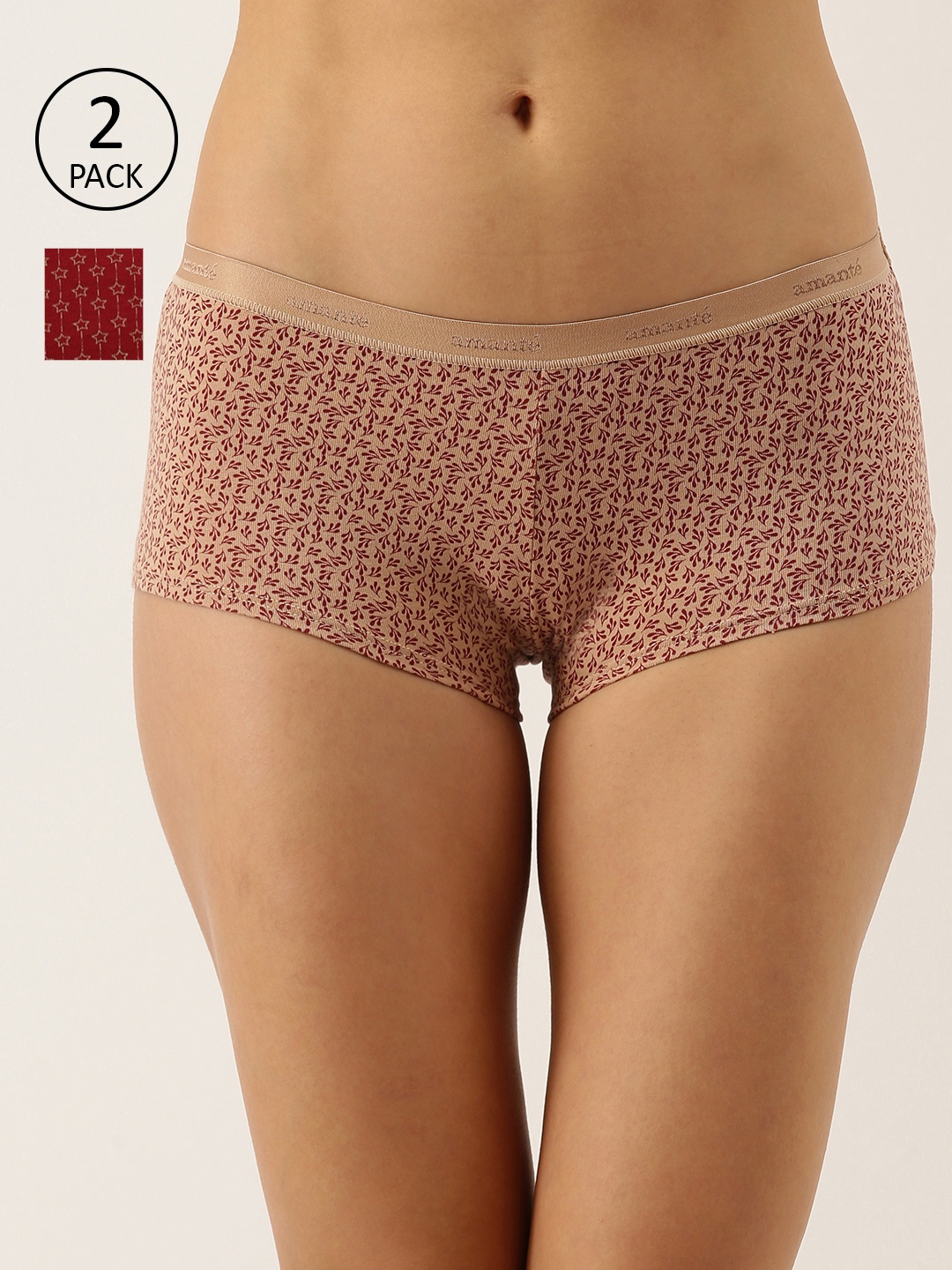 

Amante Women Pack of 2 Printed Low Rise Boyshort Brief - PPK62101, Maroon