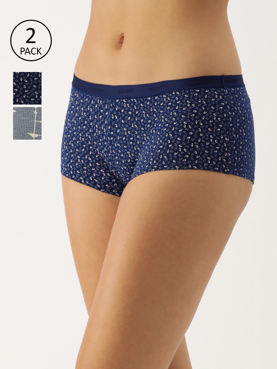 

Amante Women Pack Of 2 Printed Low Rise Boy Shorts Briefs PPK62101, Navy blue