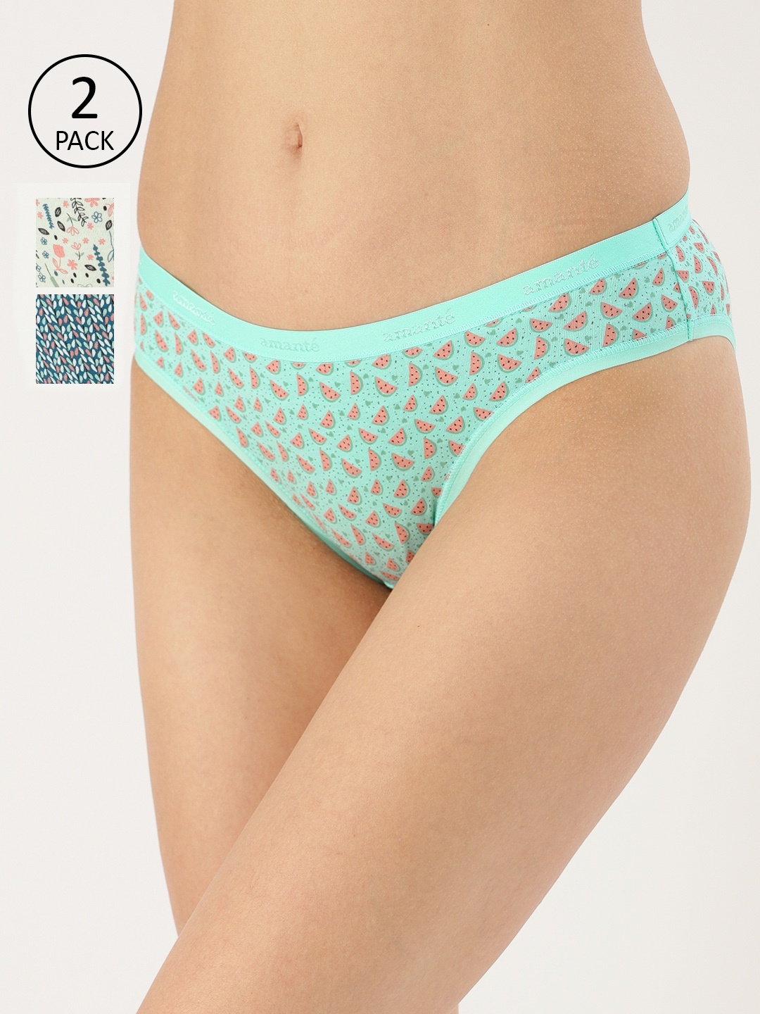 

Amante Women Printed Pack of 3 Low Rise Bikini Briefs PPK33101, Sea green