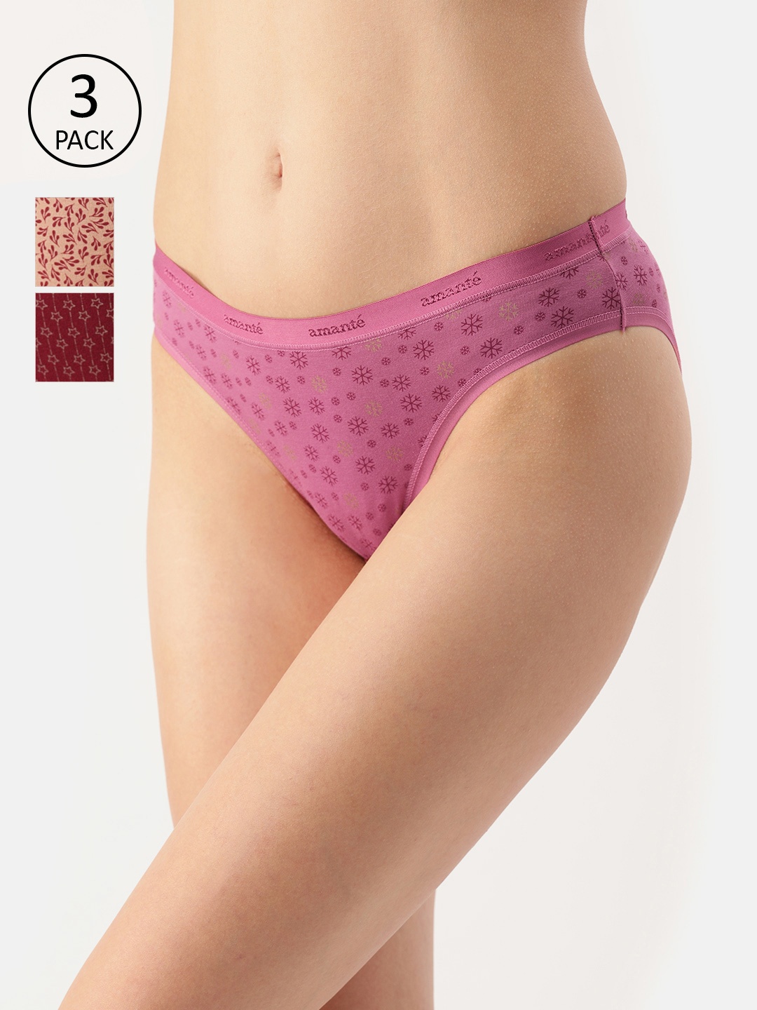 

Amante Women Printed Pack of 3 Low Rise Bikini Briefs PPK33101, Pink