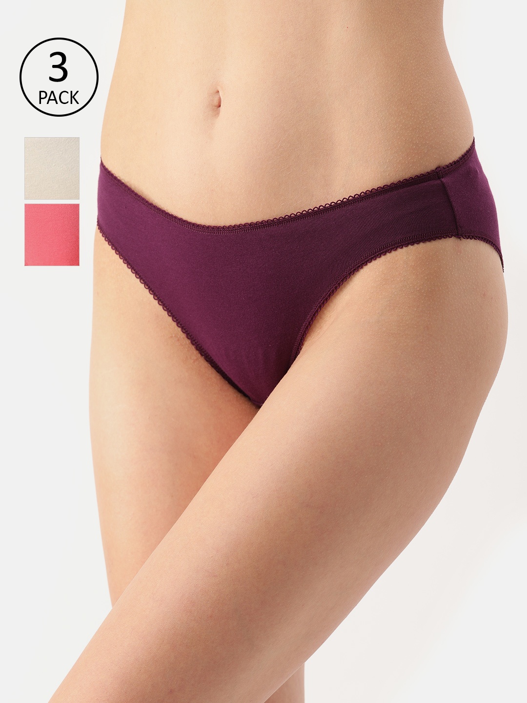 

Amante Women Pack of 3 Solid Low Rise Bikini Briefs PPK33003, Purple
