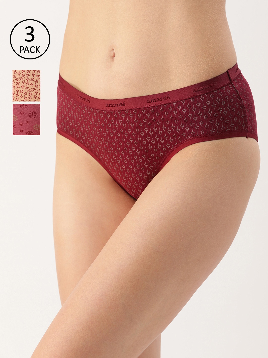 

Amante Women Printed Pack of 3 Low Rise Hipster Brief - PPK43101, Maroon