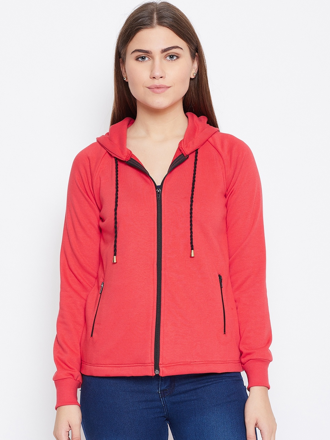 

Alsace Lorraine Paris Women Coral Orange Solid Hooded Sweatshirt