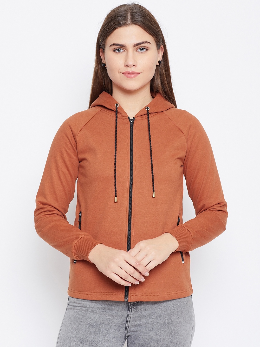 

Alsace Lorraine Paris Women Rust Orange Solid Hooded Sweatshirt