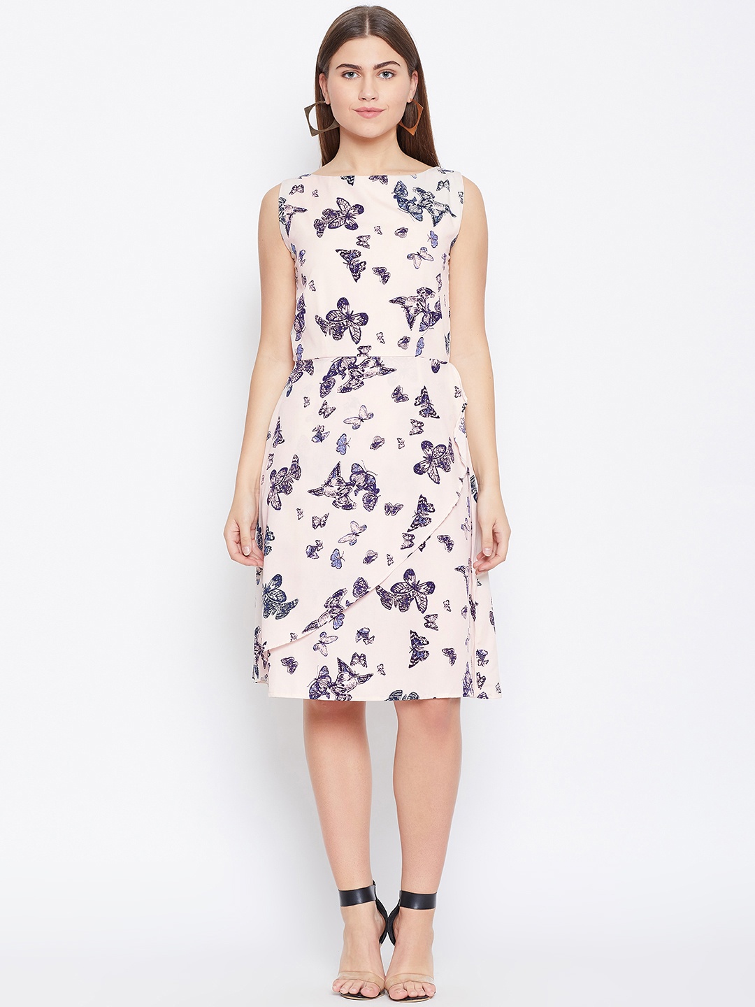

Alsace Lorraine Paris Women Peach-Coloured & Blue Butterfly Printed A-Line Dress