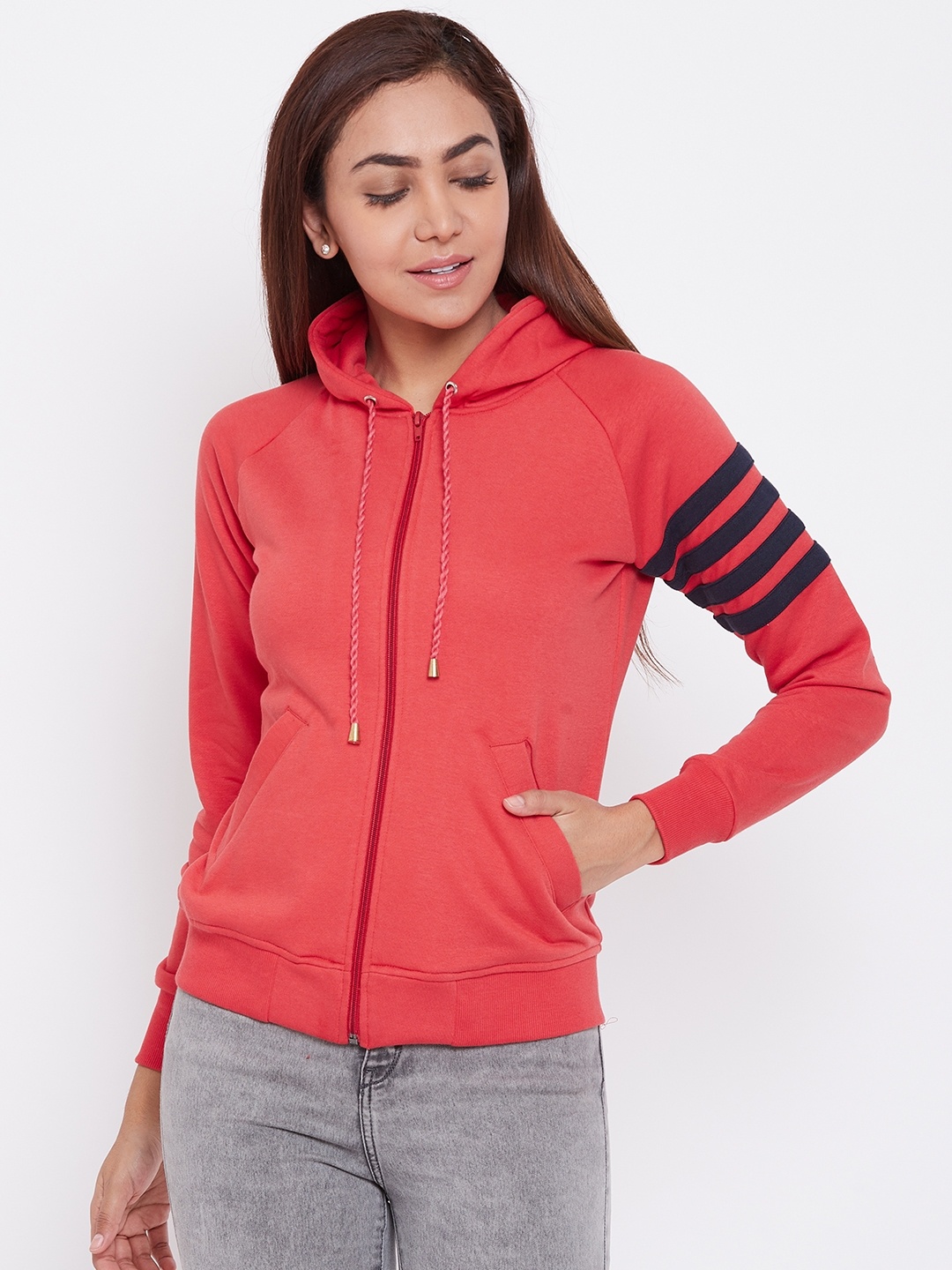 

Alsace Lorraine Paris Women Coral Red Solid Hooded Sweatshirt
