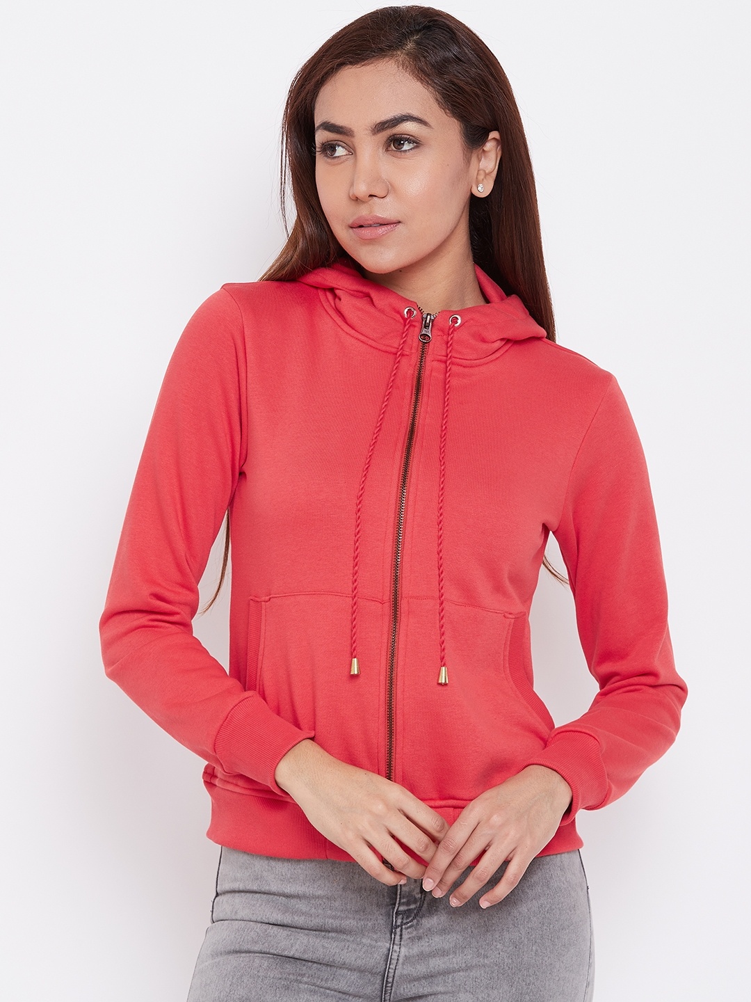 

Alsace Lorraine Paris Women Coral Red Solid Hooded Sweatshirt