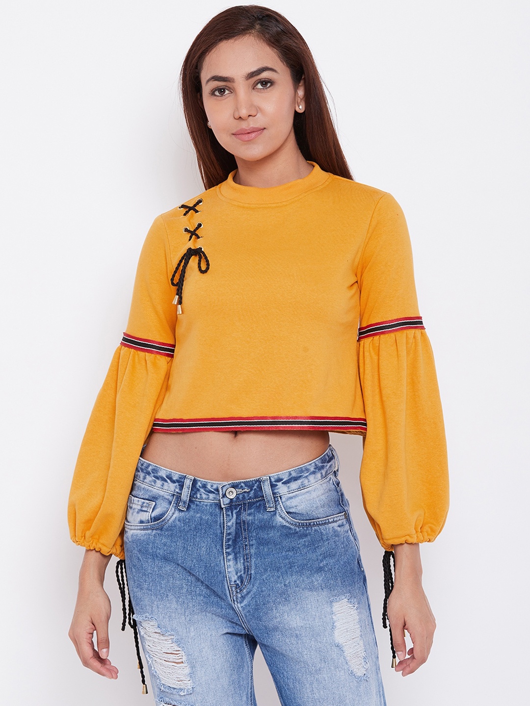 

Alsace Lorraine Paris Women Mustard Yellow Solid Crop Sweatshirt