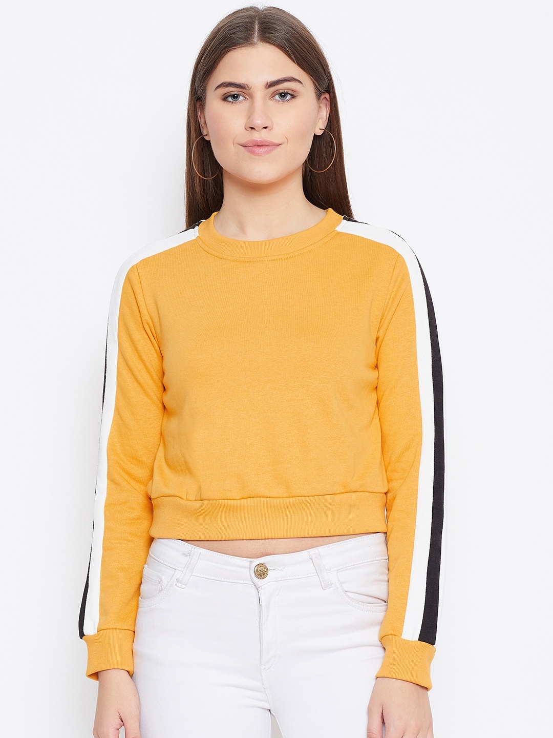 

Alsace Lorraine Paris Women Mustard Yellow Solid Crop Sweatshirt